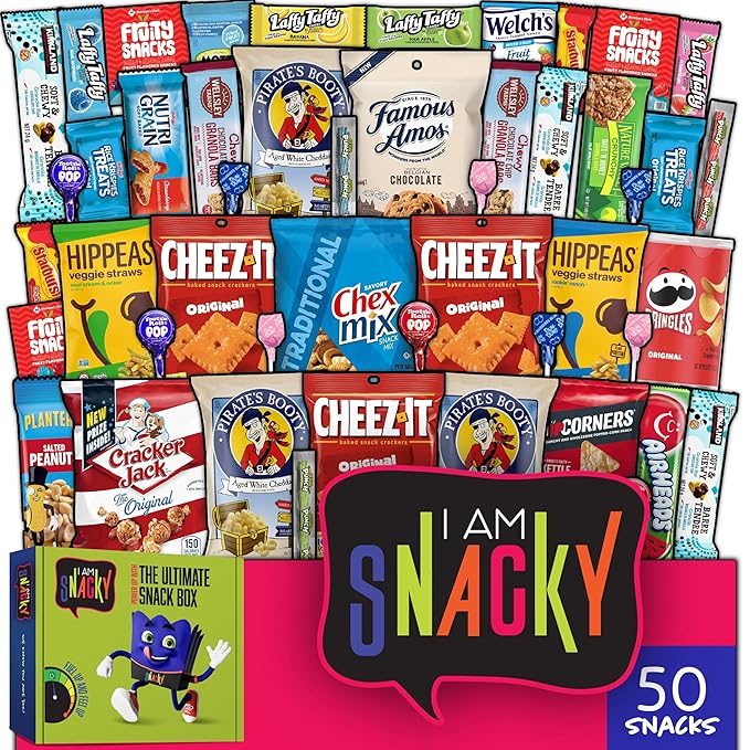 I AM Snacky - Thanksgiving Snack Box Variety Pack Care Package + Greeting Card - SNACKY'S BLISS BITES (50 Count) Birthday Sweet Treats Gift Basket, Candies Chips, Office Food Assortments