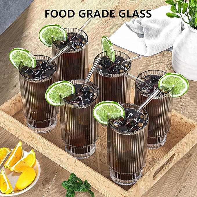 16 OZ Glass Cup with Lid and Straw, Vintage Ribbed Glassware for Whiskey Cocktail Beer, Iced Coffee Cups with Lid, Glass Tumbler with Straw and Lid (1 PACK)