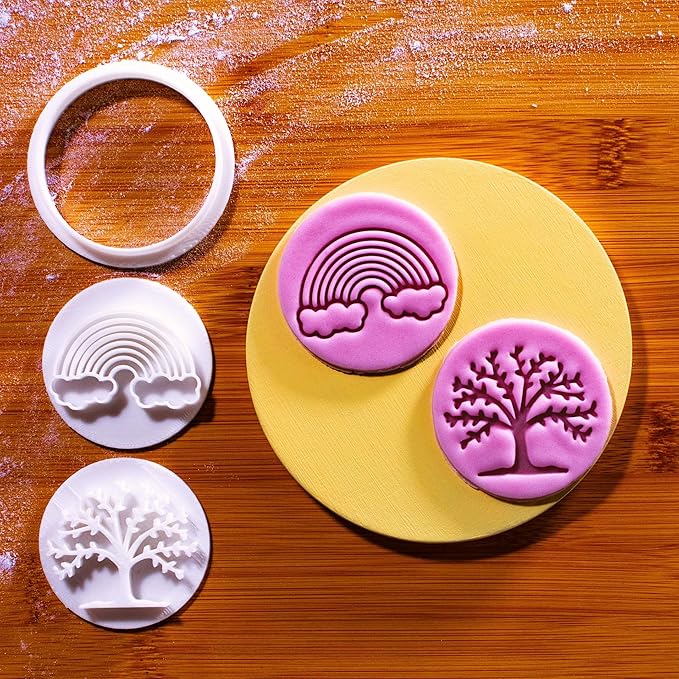 BAKERLOGY New Beginnings - Mini 2" Cookie Cutter & Stamp Set - Rainbow & Lush Tree Design for Easter & Spring Cookies, Cupcakes & Fondant Decorations