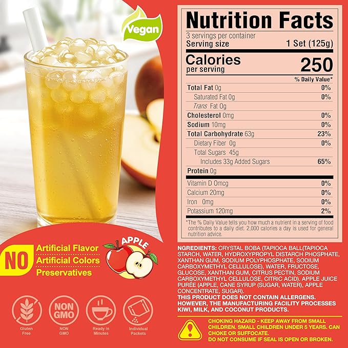 J WAY Instant Boba Bubble Pearl Apple Juice Drinks Kit with Authentic Crystal Tapioca Boba, Ready in Under One Minute, Paper Straws Included, 3 Servings