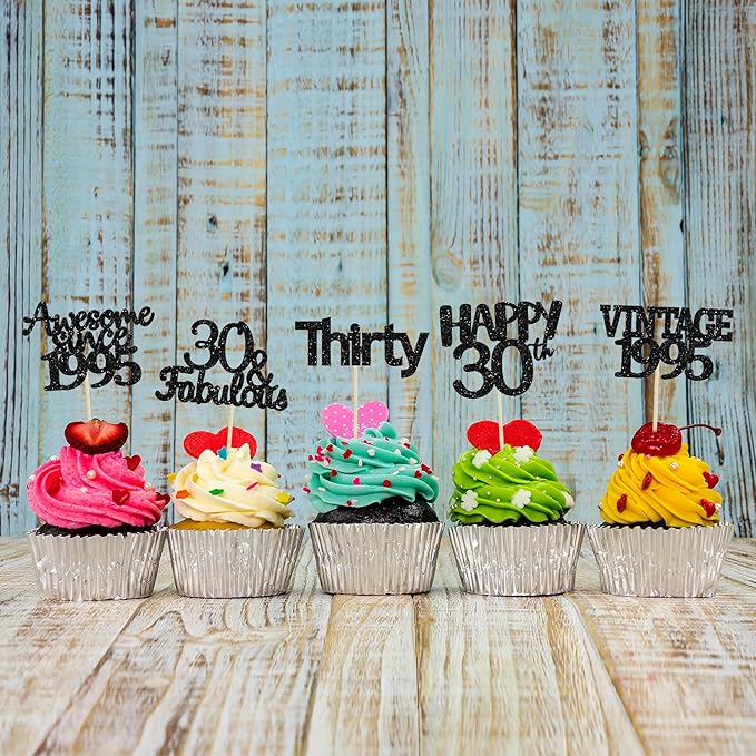 Gyufise 30Pcs Black Glitter Vintage 1995 Cupcake Toppers Awesome Since 1995 Cake Decorations Cheers to 30 Fabulous Thirty Cupcake Picks 30th Birthday Wedding Anniversary Party Cake Decorations