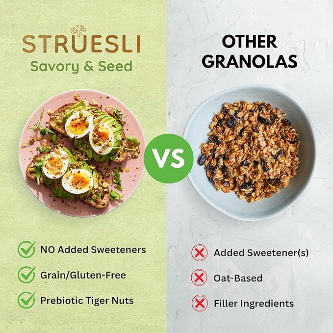Struesli Savory + Seed Organic Granola, Nut, Grain & Gluten Free, Healthy Snacks with Pumpkin, Sunflower & Chia Seeds, Hemp Hearts, Flax, Tiger Nuts & Sea Salt, Plant Based, Keto & Paleo, 9 Oz