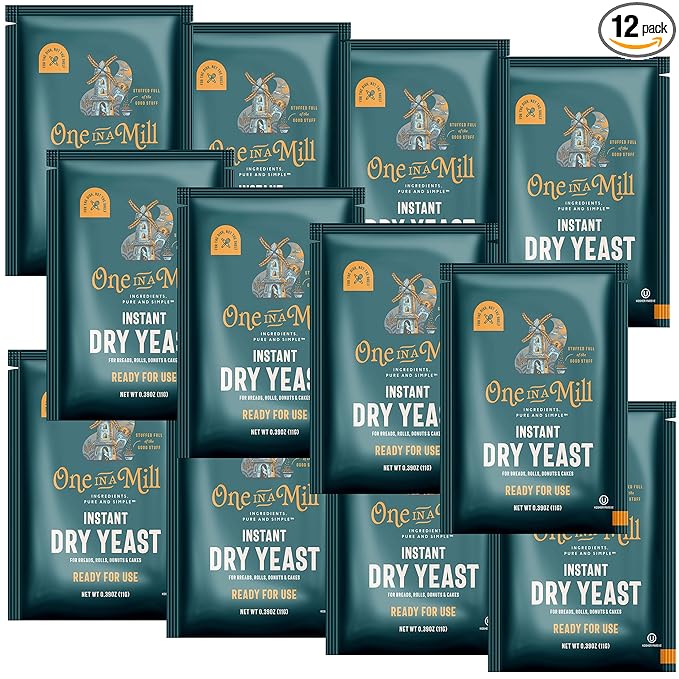 One in a Mill Instant Dry Yeast Packets | Fast Acting Self Rising Yeast for Baking Bread, Cake, Pizza Dough Crust | Kosher | Quick Rapid Rise Leavening Agent for Pastries | 12 Packets