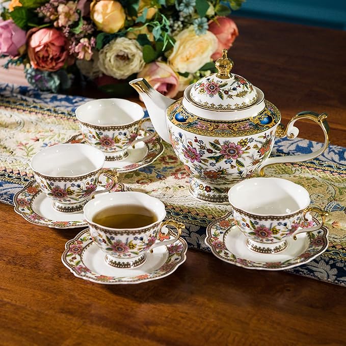 ACMLIFE Tea Set for Adults for 6, Blue and White Tea Set with Cups, Bone China Vintage Floral British English Tea Pot with Cups and Saucers for Women Party, Afternoon Service or Gift Giving (Pink)