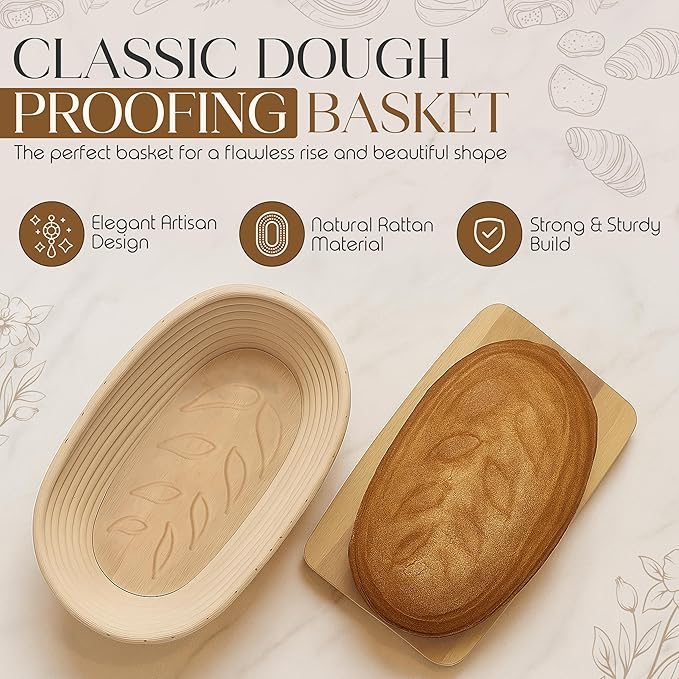 Premium Banneton Bread Proofing Basket - 9 Inch Oval Sourdough Banneton Basket With Built in Wooden Leaf and Wheat Stamp, Brush & Storage Bag - Sourdough Bread Baking Supplies