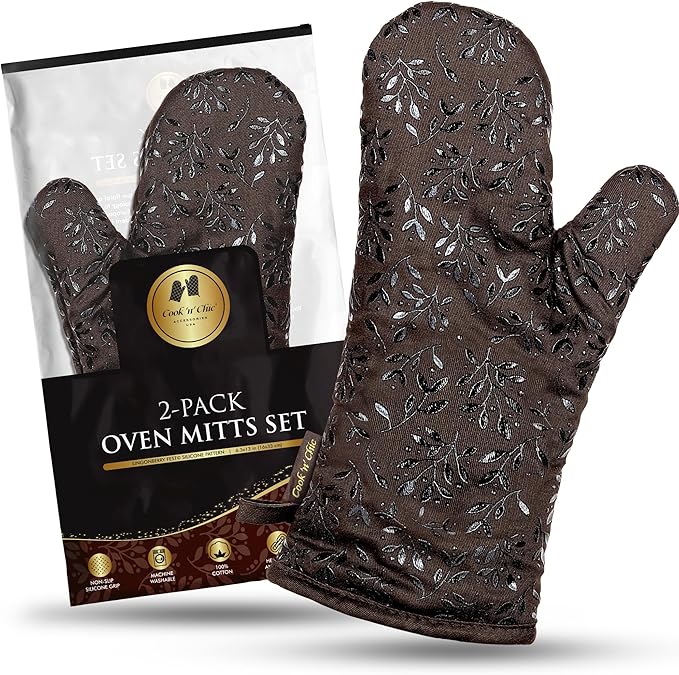 Premium Heat-Resistant Oven Mitts - Stylish and Beautiful - Non-Slip Platinum Silicone Grip - Long and Thick - 100% Natural Cotton Exterior and Soft Terry Cloth Lining - Set of 2 by Cook'n'Chic