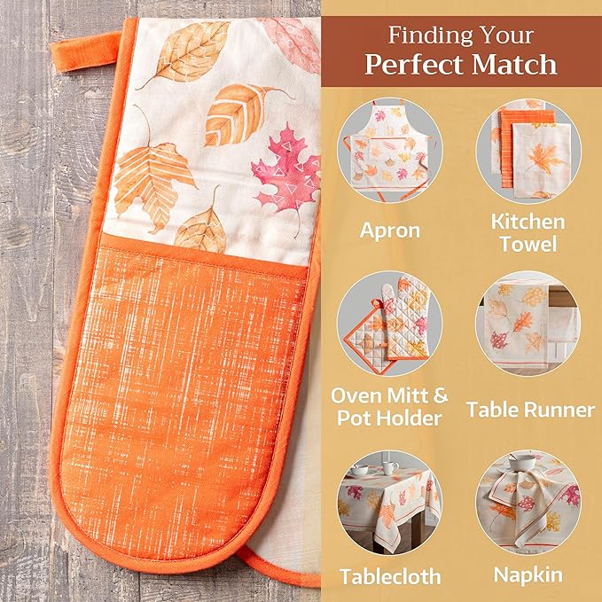 Maison d' Hermine Double Oven Mitts 100% Cotton 7"x35" Double Oven Mitt Heat Resistant BBQ Cooking Gloves with Loop, Baking, Grilling, Home, Kitchen, Handling Hot Pans (Colors of Autumn)