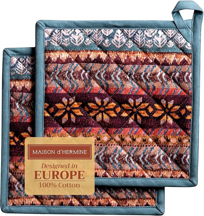 Maison d' Hermine Pot Holders Set 100% Cotton Heat Resistant Potholders 8" x 8" Hot Pads with Loop BBQ, Cooking, Baking, Grilling, Kitchen, Handling Hot Pans (Pack of 2, Fair Isle)