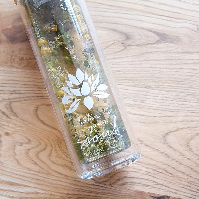 Sacred Lotus Love Double-Walled Glass Tea Tumbler with Infuser and Strainer 15oz - Perfect for Loose Leaf Tea, Cold or Hot Water Bottle, Fruit Drinks - Comes with Travel Sleeve and Cozy