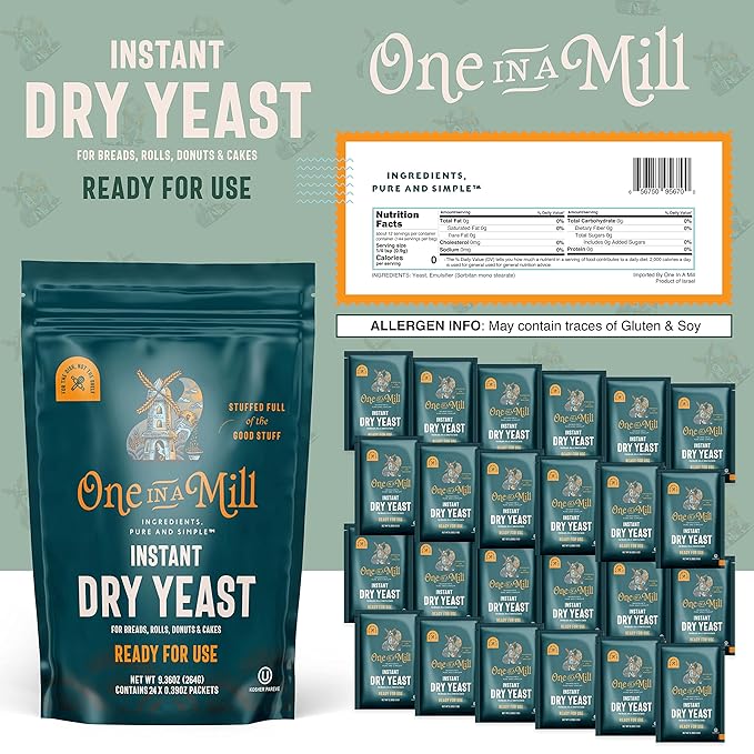 One in a Mill Instant Dry Yeast Packets | Fast Acting Self Rising Yeast for Baking Bread, Cake, Pizza Dough Crust | Kosher | Quick Rapid Rise Leavening Agent for Pastries | 24 Packets