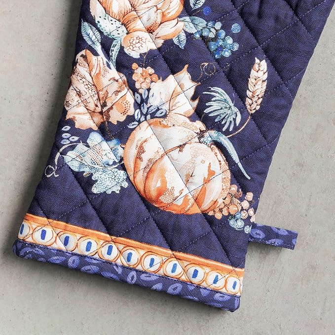 Maison d' Hermine Oven Gloves 100% Cotton Oven Mitt 7" x 13" with Loop Heat Resistant, BBQ, Cooking Gloves, Baking, Grilling, Kitchen, Handling Hot Pans (Pack of 1, Pumpkin Blues)