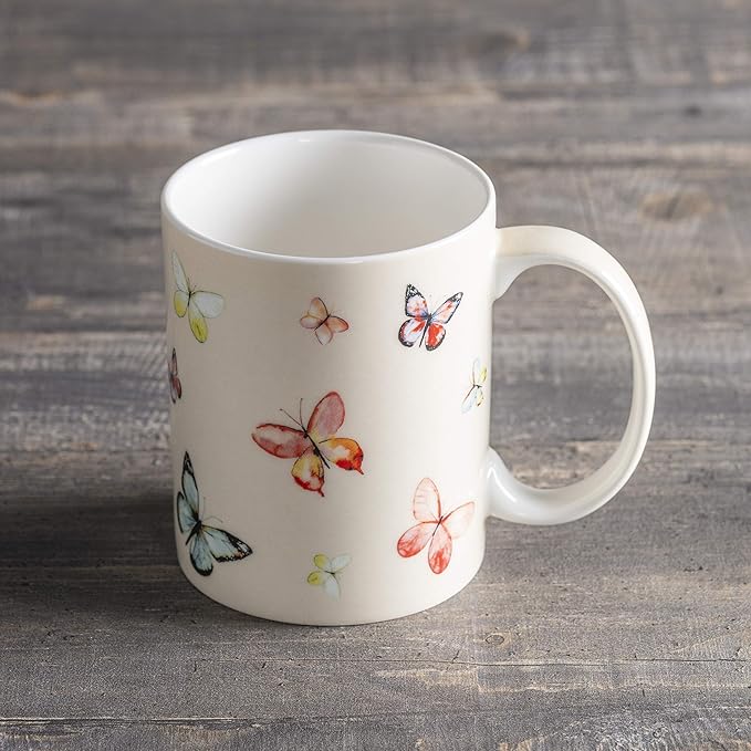 Maison d' Hermine Coffee Mug with Handles Fine Bone China Mugs Pack of One Tea Cups for Hot Beverages Cappuccino Latte Home Restaurant Office Perfect for Gift (Botanical Fresh - Butterflies, 12 Ounce)