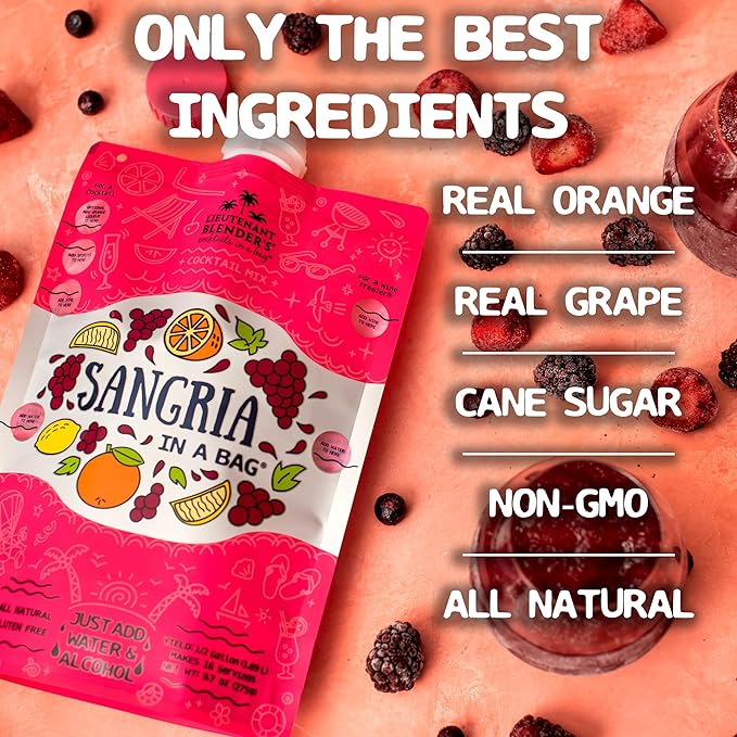 Lt. Blender's Sangria in a Bag – Wine Slushie Mixes - Each Bag Makes 1/2 Gallon of Frozen Red Sangria Mix – Non-GMO Wine Freezer Mix - Make with Wine, Liquor or as a Mocktail - (Pack of 5)