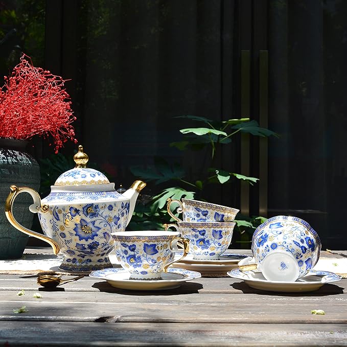 ACMLIFE Bone China Tea Set for Adults, Blue and White Tea Set for 4, Porcelain Vintage Floral China Sets for Women Party with Teapot or Gift Giving (Blue and White)