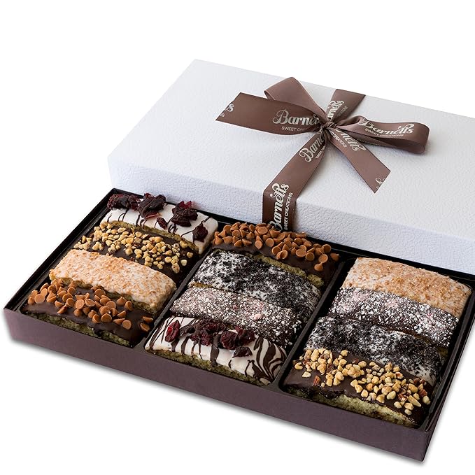 Barnetts Christmas Holiday Thanksgiving 12 Chocolate Biscotti Gift Box, Gourmet Cookie Gifts Basket for Him and Her Food Delivery, Fancy Cookies Spring Candy Treats Baskets Ideas for Dad, Husband, Father, Brother, Son, Father, Grandmother, Mother, Grandma