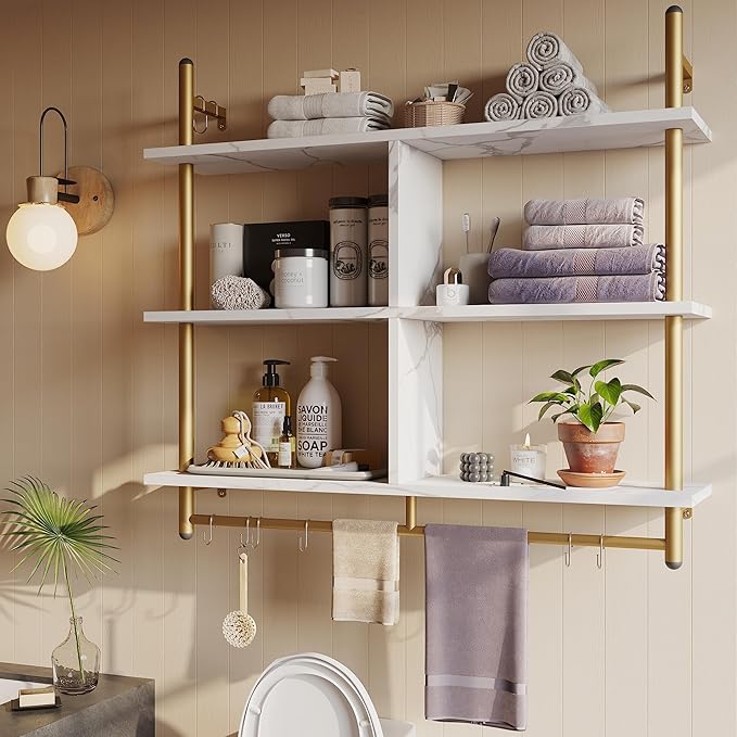 Bestier Kitchen Shelves Wall Mounted Floating Pipe Shelving 3 Tier 41.5" Coffee Bar Shelf with Holder Wall Display Storage Rack Kitchen Organization and Home Decor, White Faux Marble
