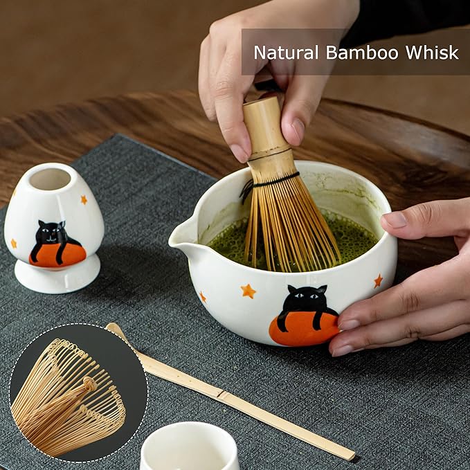 Matcha Set -Cute Cat Matcha Bowl Set with Whisk, Scoop, Whisk Holder & 2 Cups | 6 Pcs Authentic Matcha Tea Ceremony Kit | Great Gift for Tea Lovers
