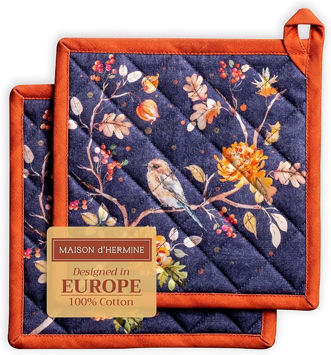Maison d' Hermine Pot Holders Set 100% Cotton Heat Resistant Potholders 8" x 8" Hot Pads with Loop BBQ, Cooking, Baking, Grilling, Kitchen, Handling Hot Pans (Pack of 2, Kelim - Infinity)