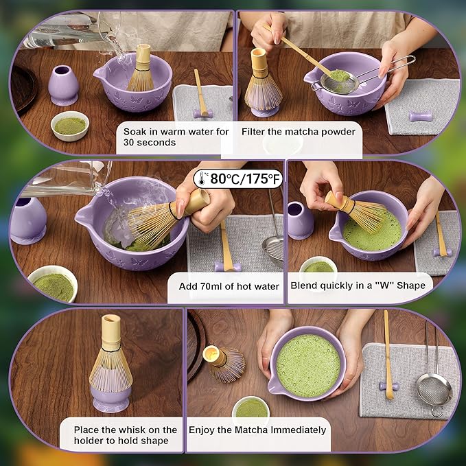 Matcha Whisk Ceramic Matcha Whisk Set Bamboo Whisk, Bowl With Spout, Powder Starter Sifter, Ceramic Whisk Holder, Tea Towel, Scoop and Scoop Rest for Matcha Tea Ceremony Purple