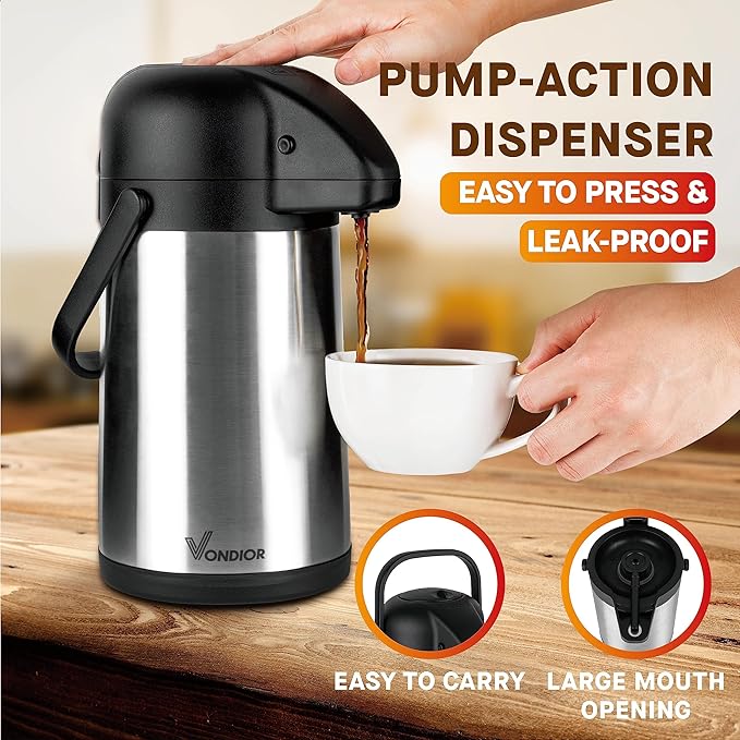 64 Oz Airpot Coffee Dispenser with Pump, Insulated Thermal Coffee Carafe - Stainless Steel Hot Beverage Dispenser - Coffee Urn for Hot/Cold Water, Drink Dispenser for Parties