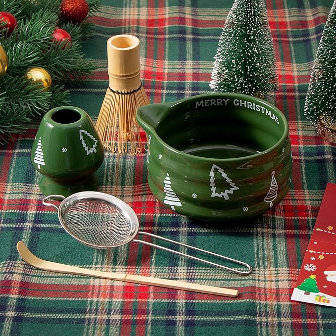 5pcs Premium Matcha Set,Ceramic Bowl with Spout and Bamboo Whisk set, Ceremonical Matcha Kit for breakfast/latte,Tea Starter Making Kit,Christmas Matcha Gift set (Christmas Tree)