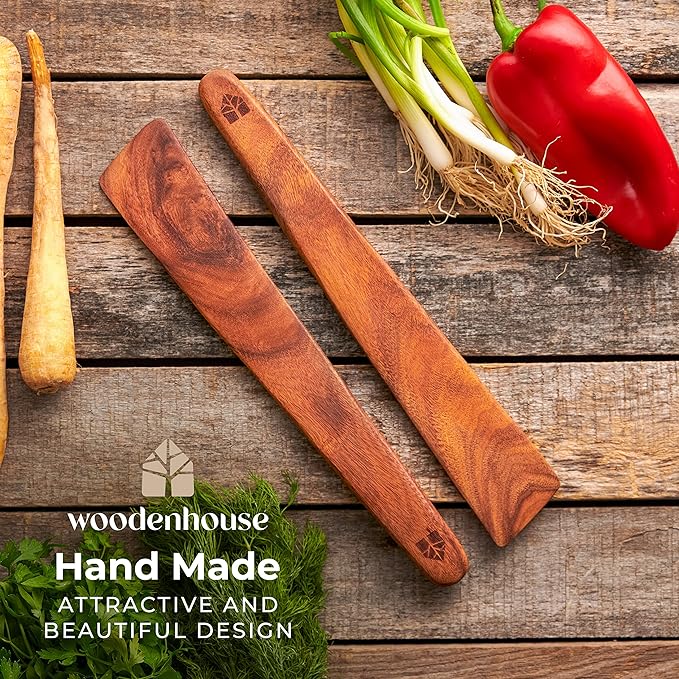 12 inch Teak Wood Spatula for Cast Iron, Small Wood Flipper, Egg Scraper, Flat Wooden Turner, Multipurpose Wood Cooking Utensil, Spatulas Perfect for Flipping, Serving, Scraping & Turning. Set of 2