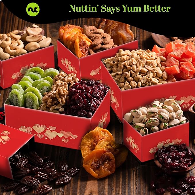 NUT CRAVINGS - Thanksgiving Dried Fruit & Mixed Nuts Gift Basket Red Tower + Heart Ribbon (12 Assortments) Holiday Xmas Christmas Food Arrangement, Healthy Snack Care Package