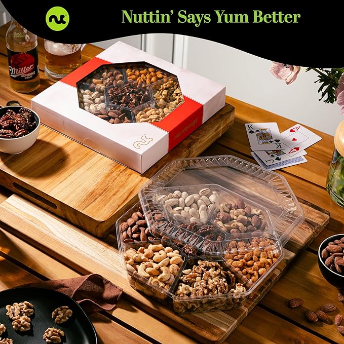 NUT CRAVINGS - Thanksgiving Mixed Nuts Gift Basket in Red Gold Box (7 Assortments, 1 LB) Holiday Xmas Christmas Food Arrangement, Healthy Snack Care Package, Food Assortments