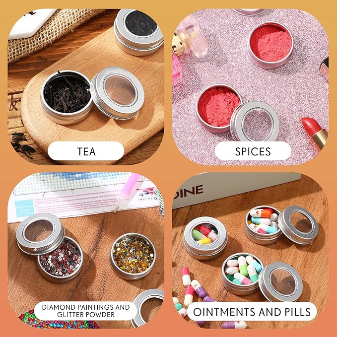 Zubebe 100 Pcs Aluminum Tin Jar Refillable Containers Clear Top Screw Lid Round Tin Container Bottle for Cosmetic, Cream, Diamond Painting, Salves, Balms, Lip Balm, Spices or Others, Silver (2 oz)