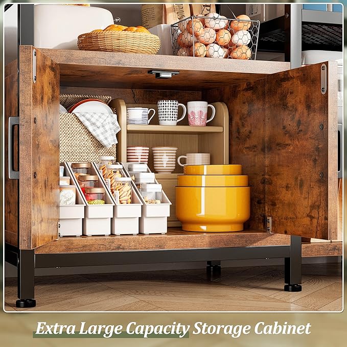 EnHomee Bakers Rack, 6 Tier Microwave Stand, Coffee Bar Organizer with 8 L-Shaped Hooks, Kitchen Shelves with Large Capacity Storage, 14.1 x 30.1 x 63.1 Inches, Rustic Brown