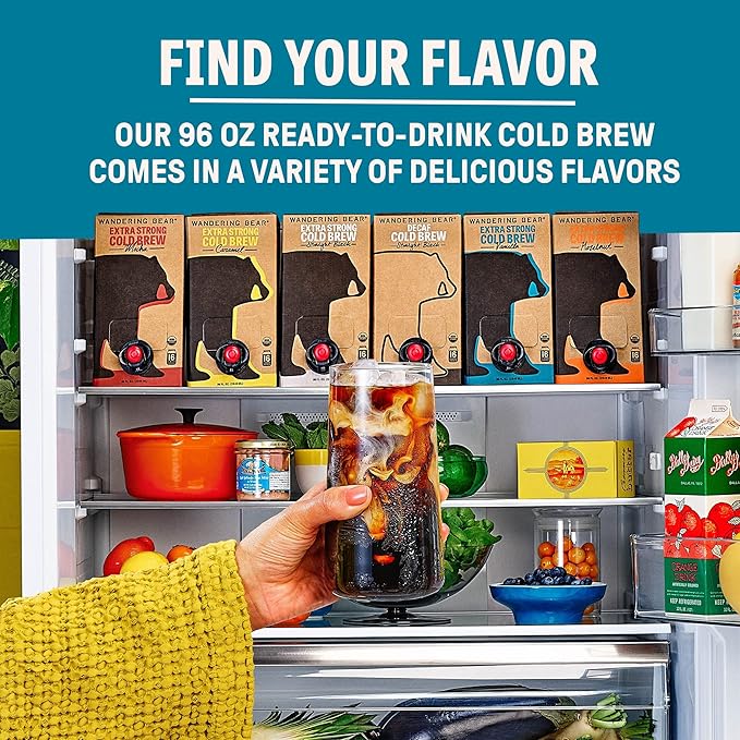 Wandering Bear Organic Vanilla Cold Brew Coffee On Tap, 96 fl oz - Extra Strong, Bold, Smooth, Unsweetened, Shelf-Stable, Ready to Drink, Gluten Free, & Vegan, Iced Cold Brewed Coffee Drinks