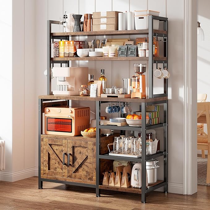 EnHomee Bakers Rack with Power Outlet, 6 Tier Microwave Stand, Coffee Bar Organizer with 8 L-Shaped Hooks, Kitchen Shelves with Storage, 14.1 x 30.1 x 63.1 Inches, Rustic Brown