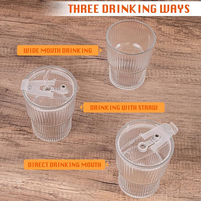 13oz/400ML Glass Tumbler with Straw and Lid Ribbed Vertical Ice Coffee Cups Sealed Carry on for Coffee Iced Tea, Thick Wall Glassware Tumbler Water Glass (Clear 2pcs)