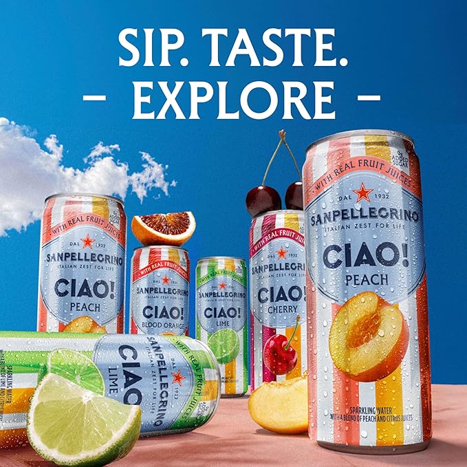 Sanpellegrino CIAO Blood Orange Sparkling Water, Low-Calorie Italian Sparkling Water with Real Fruit Juices, 0g Added Sugar, 24-Pack