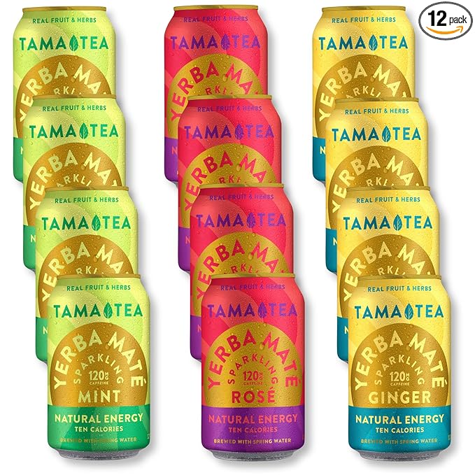Sparkling Yerba Mate Variety Pack by Tama Tea - Unsweetened Natural Energy Drink with Real Fruit & Herbs - Healthy Caffeine Drink Alternative - 120mg of Caffeine, 10 Calories - 12oz Pack of 12