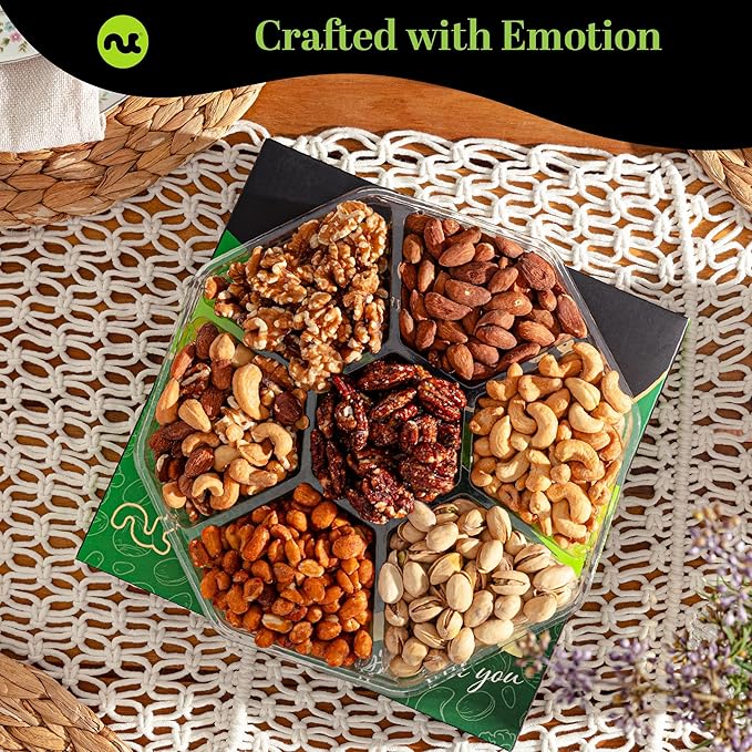 NUT CRAVINGS - Thanksgiving Mixed Nuts Gift Basket in Green Gold Box (7 Assortments, 1 LB) Holiday Xmas Christmas Food Arrangement, Healthy Snack Care Package, Food Assortments
