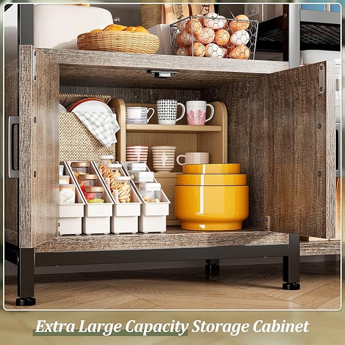 EnHomee Bakers Rack with Power Outlet, 6 Tier Microwave Stand, Coffee Bar Organizer with 8 L-Shaped Hooks, Kitchen Shelves with Storage, 14.1 x 30.1 x 63.1 Inches, Black Oak