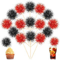 Chinco 100 Pcs Foil Firework Cupcake Toppers Sparkle Tinsel Cake Toppers Cake Decoration Cocktail Fruit Toothpick for Birthday Wedding Graduation Party(Red, Black)