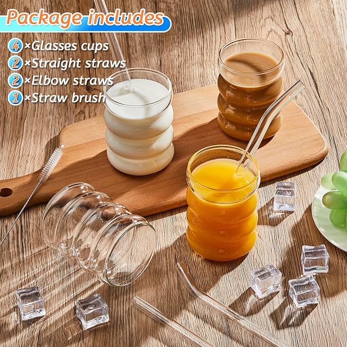 Tessco for you 4 Pcs Creative Glass Cups Vintage Drinking Glasses Ribbed Glassware Aesthetic Cup Entertainment Dinnerware Glassware with Straws Set for Kitchen Coffee Beverage(13.5 oz,Clear)