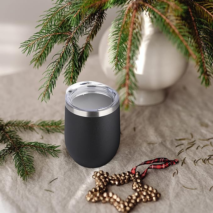 DOMICARE Stainless Steel Wine Tumbler Bulk with Lid, Personalized Insulated Tumblers Set, 12oz Travel Coffee Cups Pack of 8, Black