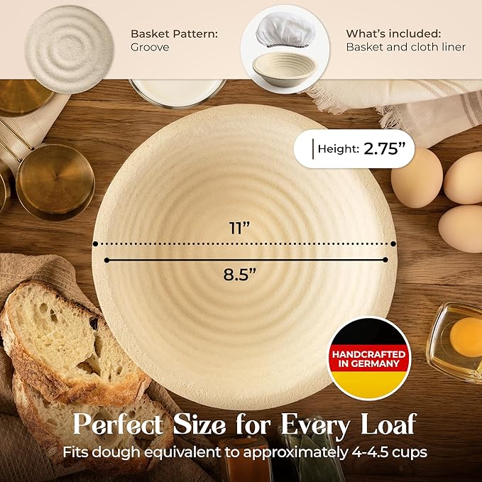 Sourdough Proofing Basket and Starter Jar Kit – 2.2 LB Round Wood Pulp Banneton with Grooved Pattern (Made in Germany) and 34 oz Sourdough Starter Jar, Thermometer Strips & Spatula –Bread Proofing Set