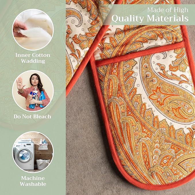 Maison d' Hermine Double Oven Mitts 100% Cotton 7"x35" Double Oven Mitt Heat Resistant BBQ Cooking Gloves with Loop, Baking, Grilling, Home, Kitchen, Handling Hot Pans (Kashmir Paisley)