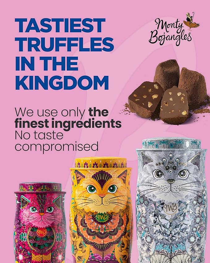 Monty Bojangles Cocoa Dusted Chocolate Truffles Cat Tin (Diamond Empress - 7oz) Four Flavors In One, Luxury Chocolatey Truffles - Collectable Cat Tin, Chocolate Gift Box With Bespoke Design