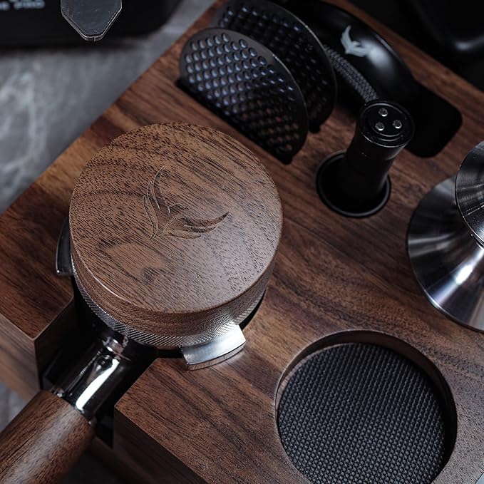 58.5mm Espresso Distributor Walnut Coffee Distribution Tool Adjustable Depth Stainless Steel Espresso Leveler Premium Espresso Machine Accessories For Coffee Bar