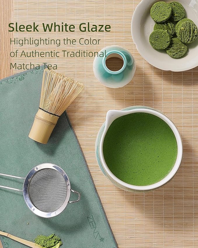ZENS Matcha Whisk Set, Ceramic Matcha Set Includes Matcha Bowl, Matcha Whisk and Holder, Bamboo Scoop, Stainless Sifter & Tea Towel - 6Pcs Matcha Kit for Matcha Ceremony, Blue