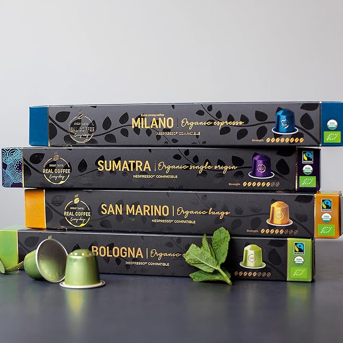 Organic Espresso Variety Pack for Nespresso | 100 Organic Aluminum Capsules | 3 Strong Italian Espressos + 1 Smooth Lungo | 100% Nespresso Compatible Pods | Fairtrade |