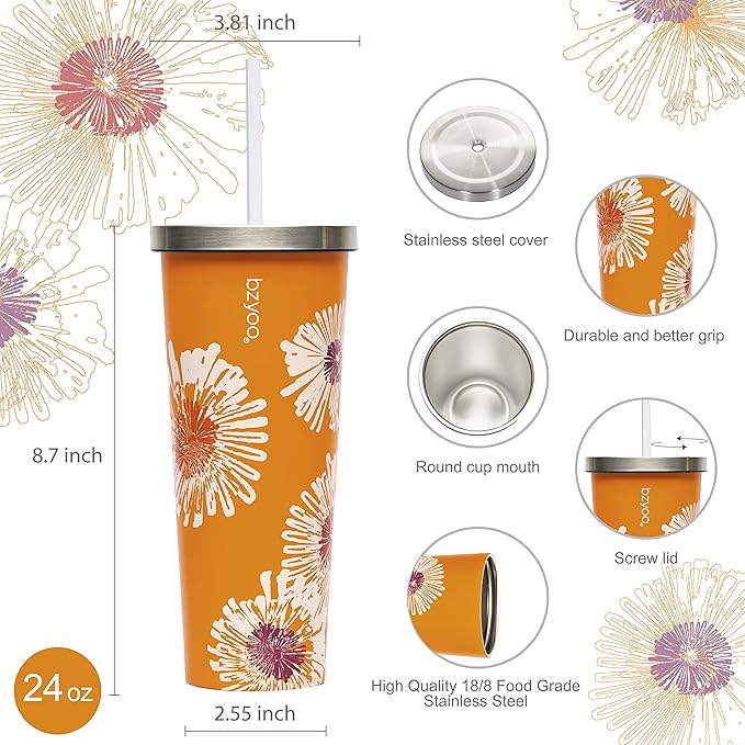 bzyoo SUP Double Wall Vacuum Insulated Tumbler with Straw and Lid Stainless Steel Water Bottle Travel Mug Cup, Mother's Day Gifts For Him & Her (710ml) Color: Orange Precious Bloom