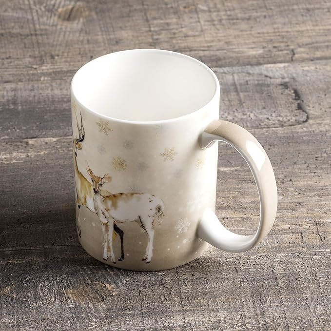 Maison d' Hermine Coffee Mug with Handles Fine Bone China Mugs Pack of One Tea Cups for Hot Beverages Cappuccino Latte Home Restaurant Office Perfect for Gift (Deer In The Woods - Oh Deer, 15 Ounce)