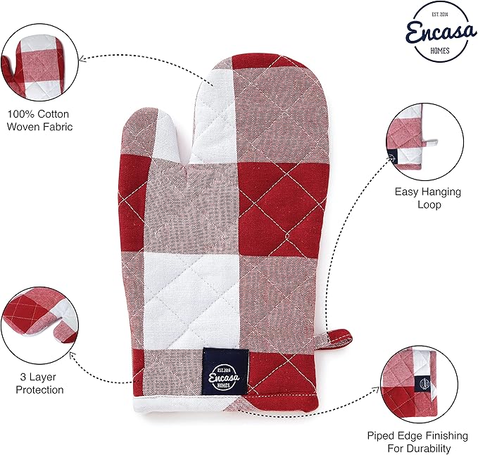 Encasa XO Long 12"x7" Oven Microwave Hand Gloves Mitts (2 pc Set) for Kitchen Cooking & Baking - Heat Resistant, Thick & Safe, Protection of Hands from Hot Utensils - Buffalo Red Checks