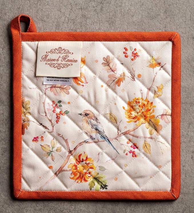 Maison d' Hermine Pot Holders 100% Cotton Heat Resistant Potholders 8" x 8" Hot Pads with Loop BBQ, Cooking, Baking, Grilling, Kitchen, Handling Hot Pans (Pack of 1, Kelim - Prairie)